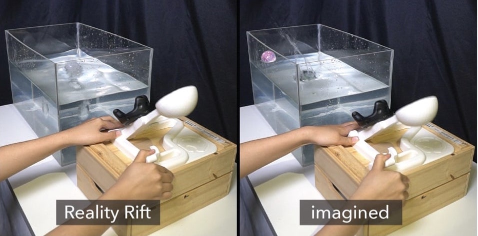 Image Description - Reality Rifts can be integrated into different physical interactive systems. Here the missing projectile in this catapult apparatus create a sense of wonder, where users implicitly imagine the missing component in an interactive system that explains the observed behavior. We create Reality Rifts by removing one or more components from a physical system and restoring plausible end-to-end behavior by simulating and rendering physical outcomes through embedded sensors and actuators. In the case of the catapult, a connected actuation mechanism in the tank releases a splash after the arm has been activated, thereby rendering a causally accurate effect. With different examples of Reality Rifts, interaction with the physical prototype induces a sense of wonder that triggers the user’s curiosity and enhances the enjoyment of the experience.