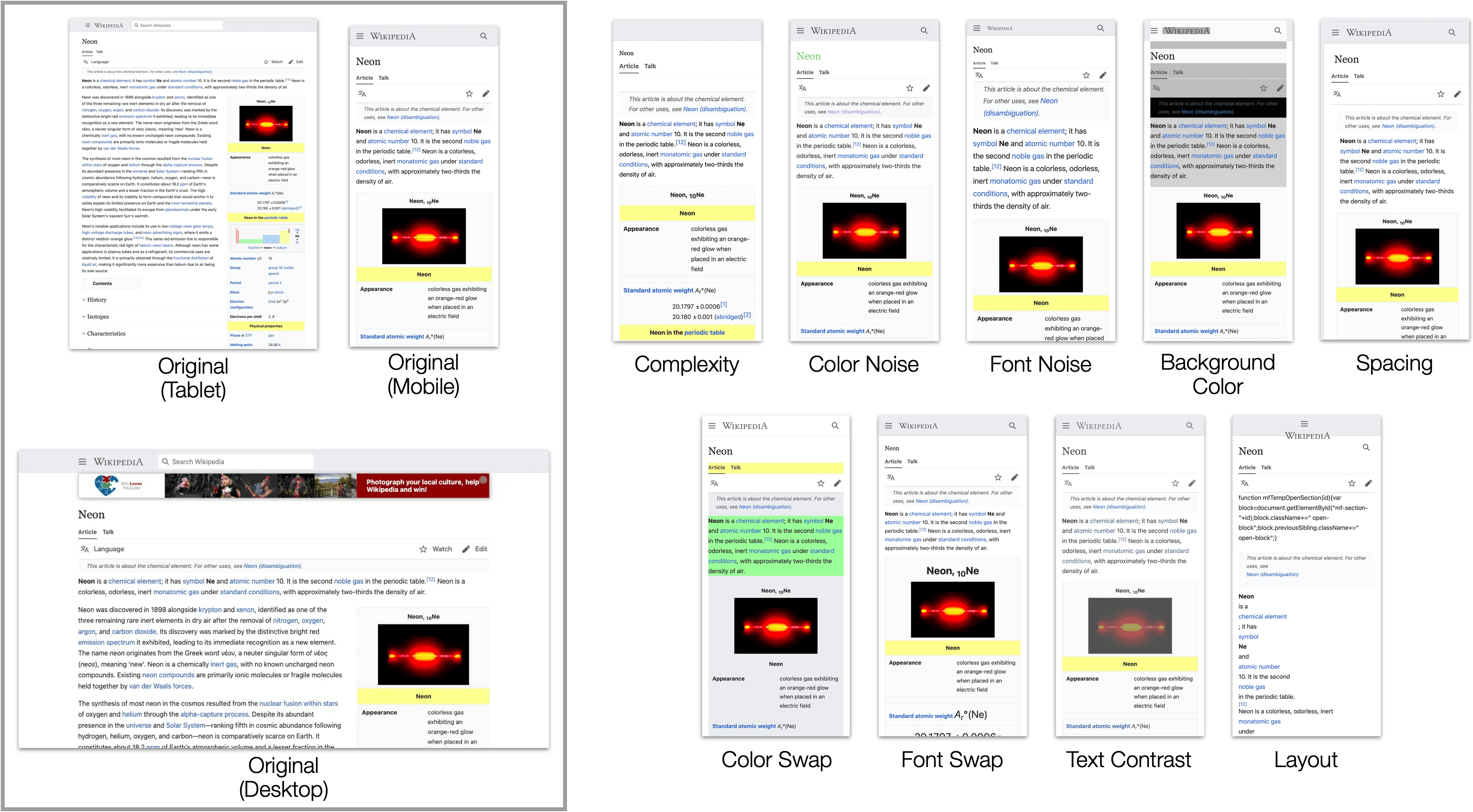 Image Description - This image displays a grid of multiple screenshots of the Wikipedia page for 'Neon,' showing different versions of the page across various mobile and desktop layouts. Each screenshot features the same core content, describing neon as a chemical element with symbol 'Ne' and atomic number 10. The screenshots highlight different renderings of the page, with variations in text formatting, color highlights, and UI elements such as sidebars, search bars, and images. Some versions include highlighted sentences, while others show changes in appearance due to different devices or browser views. The recurring image of neon in a glowing state under an electric field is present in each version, and some screenshots also feature developer tools or error messages visible in the interface.